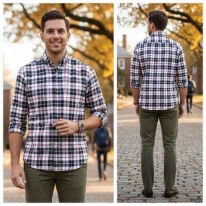 J. Crew L Old Money Preppy Academia Office Plaid Slim Oxford Button Down Shirt